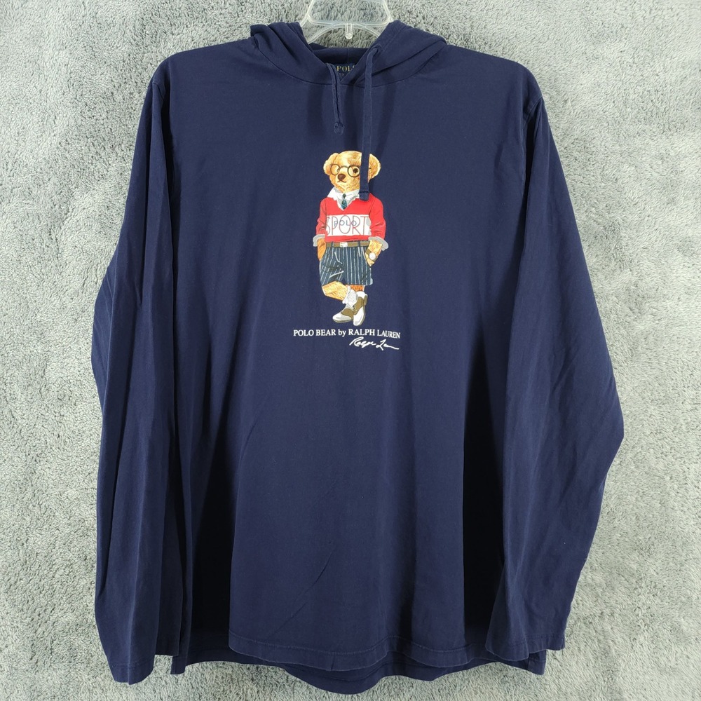 Polo Ralph Lauren Hoodie Mens XL Navy Polo Sport Bear Lightweight Hooded T-Shirt - Picture 2 of 9